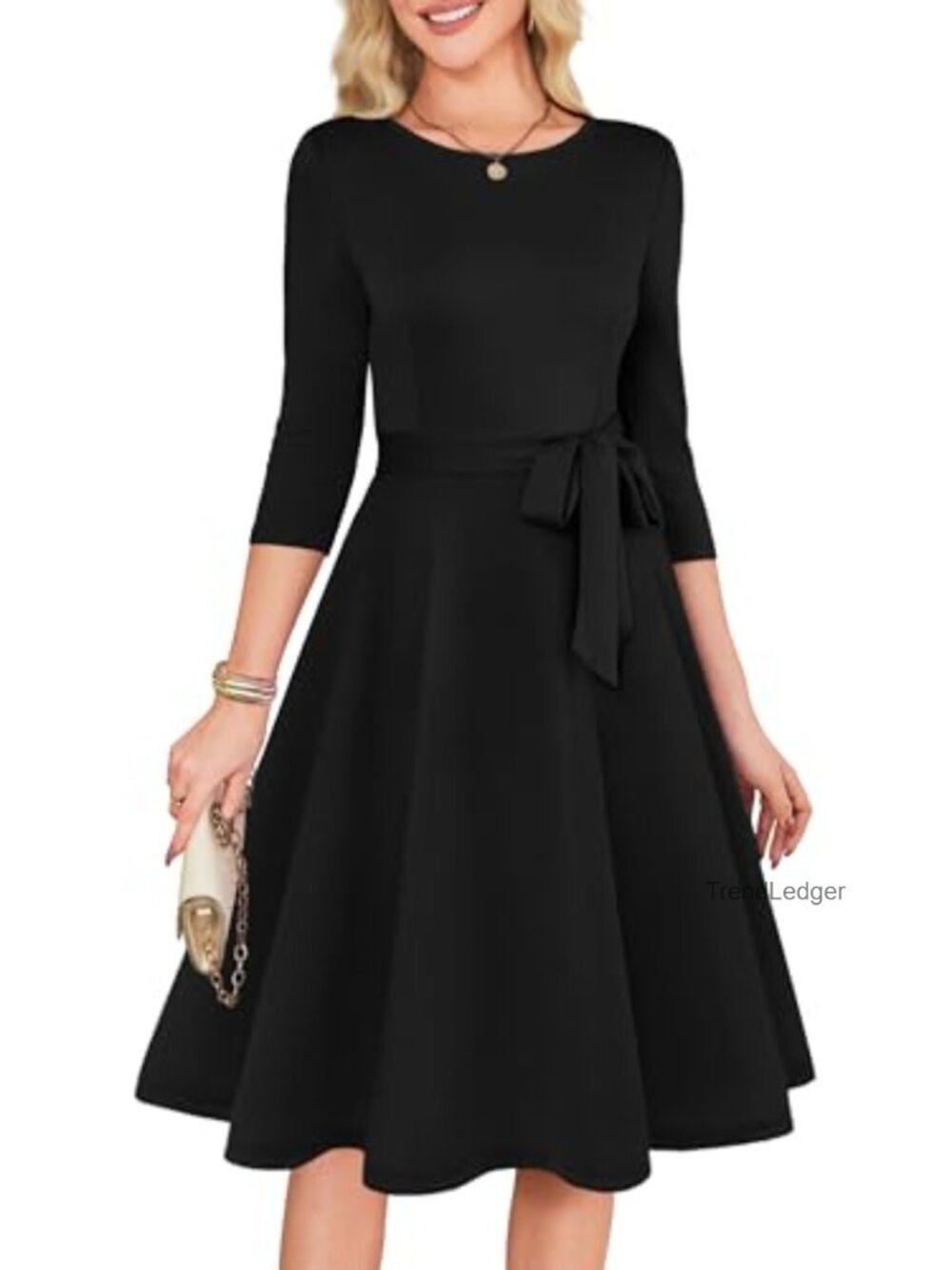 Womens A-Line Cocktail Dress 3/4 Sleeve with Belt - Work Church Wedding Guest